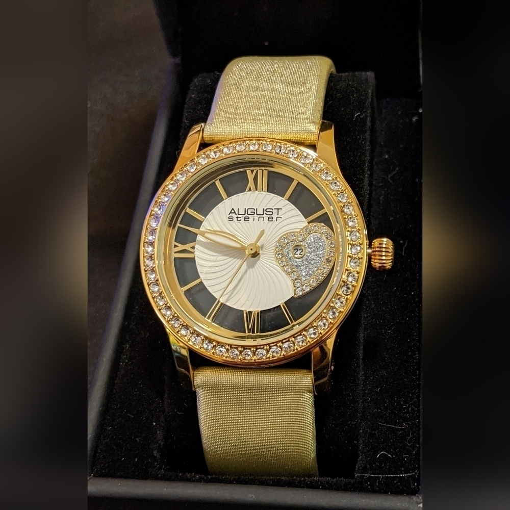 August Steiner Women's Gold Tone Crystal Watch AS8176YG Date Leather Strap NIB